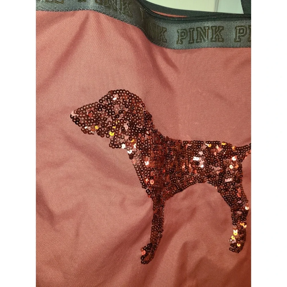VS Victoria's Secret PINK Large Tote Beach Bag‎ Pink Sequin Dog Design Zipper